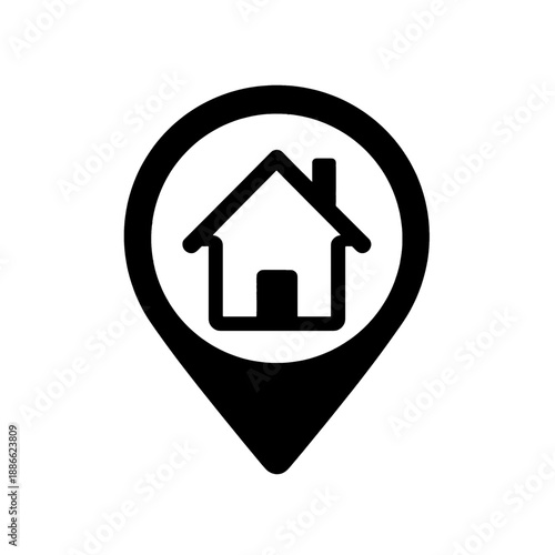 Line icon of a house inside a map pin.