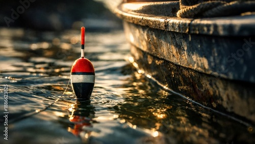 Fishing float bobber on calm water beside a boat at golden hour, angling leisure and outdoor recreation background.