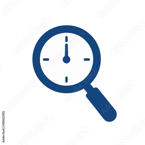 Magnifying glass over a clock face vector icon.
