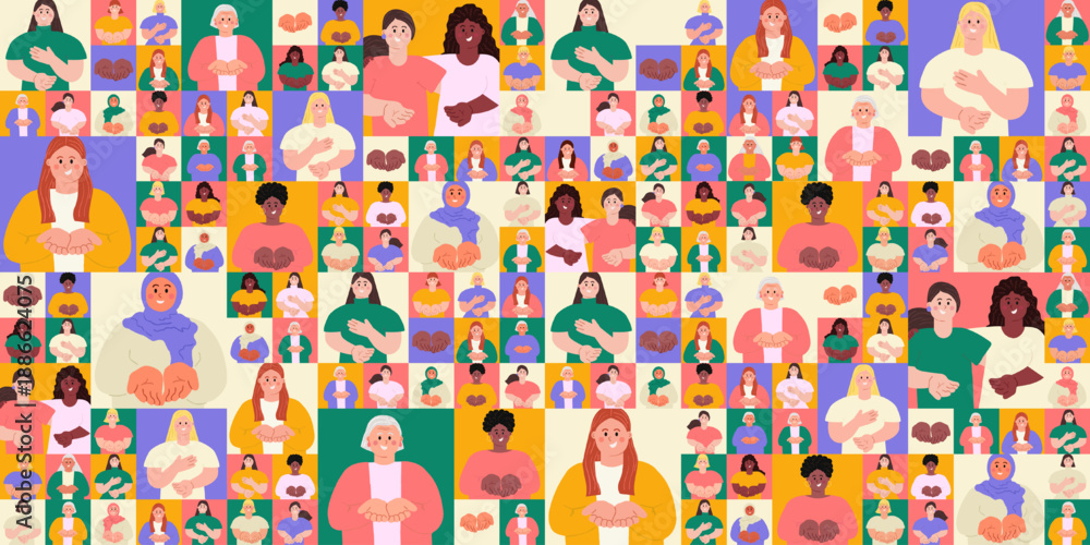 Obraz premium International Women's day geometric seamless pattern with diverse happy women with open palms. Give To Gain IWD 2026 concept hands giving gesture. Modern flat vector illustration background, banner