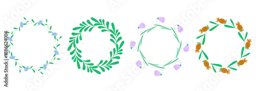 Frames of flowers and herbs with copy space for spring and summer designs. Set of round floral headbands. Botanical wreaths, vector graphics