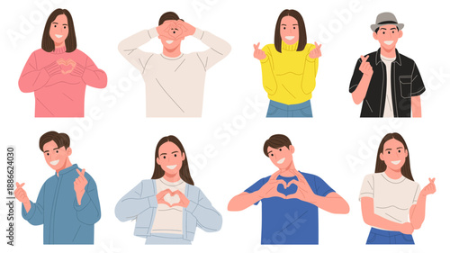 set of smiling people showing love and affection through heart hand signs and finger heart gestures. Perfect for Valentine’s Day designs, social media content, campaigns, posters, apps, and website
