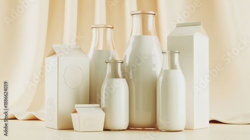 A collection of white milk bottles and carton on a table with a beige background