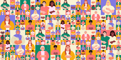 International Women's day geometric seamless pattern with diverse happy women with open palms. Give To Gain IWD 2026 concept hands giving gesture. Modern flat vector illustration background, banner
