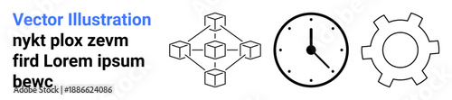 Blockchain cubes show connectivity, clock highlights time management, gear represents system optimization. Ideal for technology, productivity, innovation, automation, data systems, workflows simple
