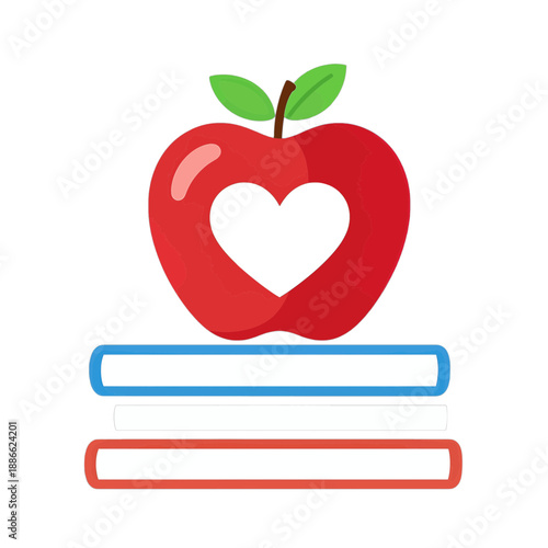 Red Apple With Heart Icon Over Books.