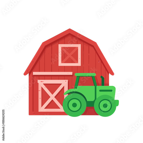 Red barn and green tractor vector icon.