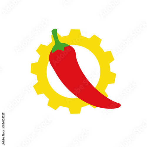 Red chili pepper inside a yellow gear icon.