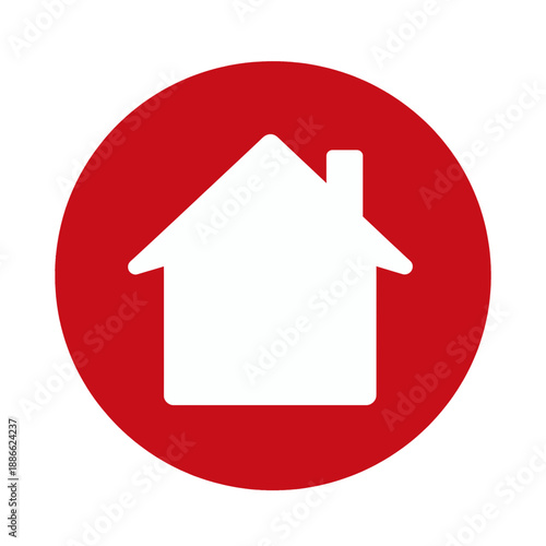 Red circular app icon with white house silhouette.