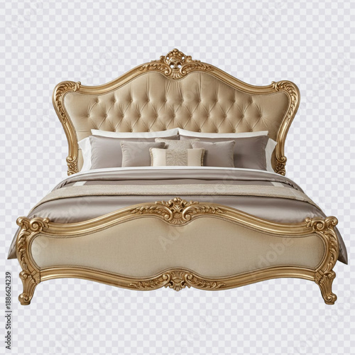 A luxurious, queen-size bed featuring a tall, curved headboard and footboard with deep button tufting in a beige or champagne fabric, all framed by an elegant, ornate, gold-finished wooden frame.