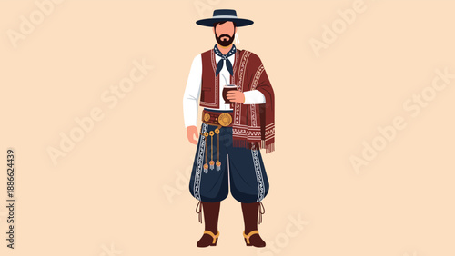 Traditional South American gaucho man dressed in typical attire with a poncho and hat while holding a mate cup.