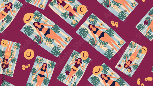 Seamless pattern of women in various swimsuits sunbathing on striped towels with tropical palm leaves and hats.