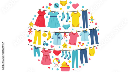 Collection of colorful children clothes and baby accessories hanging on a laundry line arranged in a circular shape for domestic chores concept.