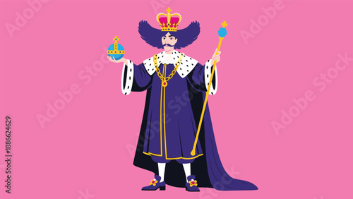Regal king wearing a purple velvet robe with ermine fur, a golden crown, and holding a scepter and orb against a solid pink background.