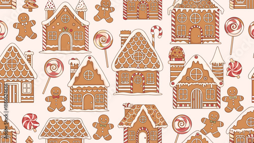 Festive seamless pattern with cute gingerbread houses, gingerbread men, and colorful lollipops for Christmas and winter holiday celebrations.