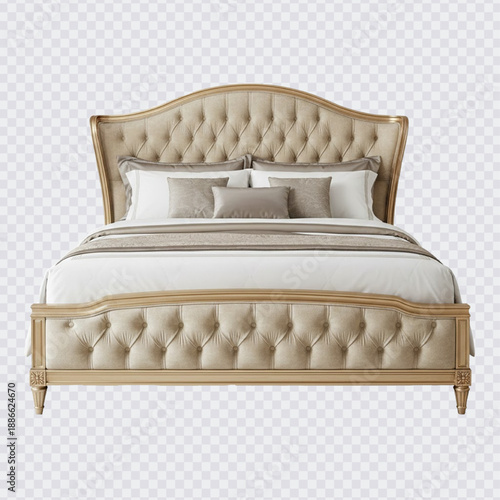 A luxurious, queen-size bed featuring a tall, curved headboard and footboard with deep button tufting in a beige or champagne fabric, all framed by an elegant, ornate, gold-finished wooden frame.