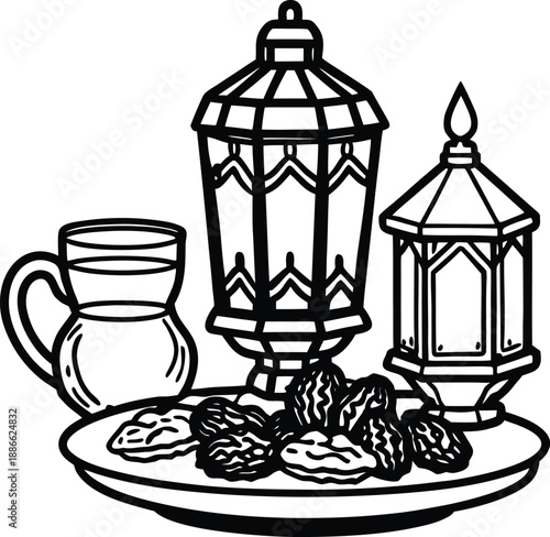 Hand drawn Ramadan Iftar set with traditional lanterns, dates fruit on a plate, and a glass of water, Islamic holiday decoration element, black and white vector line art.