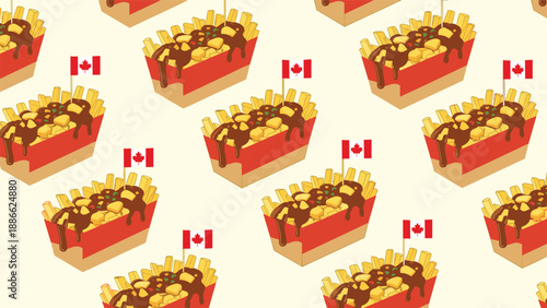Seamless pattern with delicious Canadian poutine featuring french fries, cheese curds, and gravy served in boxes with small flags of Canada.