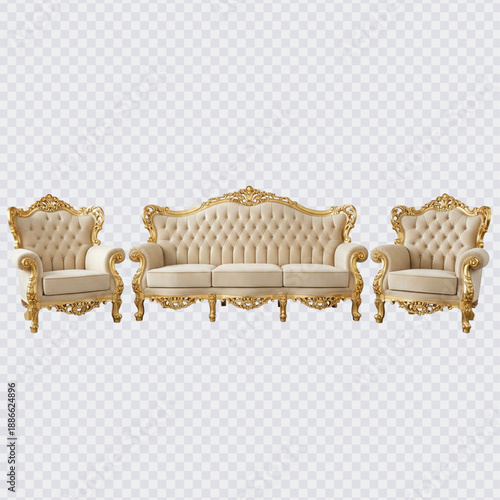 A luxurious Baroque-style 3-piece living room set consisting of a three-seater sofa and two matching single armchairs, featuring cream tufted upholstery and ornate.