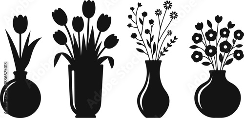 Tulip and Wildflower Bouquets Black Silhouette Vases with Natural and Abstract Floral Displays