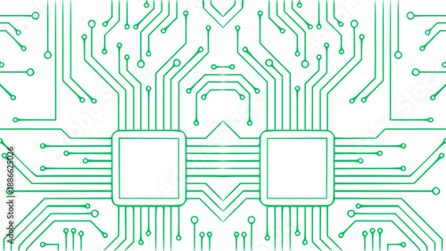 Abstract circuit board illustration with microchip elements, symbolizing digital technology, electronics, and data processing.