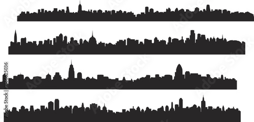 City skyline silhouettes, urban architecture, famous skylines, building profiles, metropolitan view, iconic structures, skyline comparison, black illustration, modern cities, landmark shapes