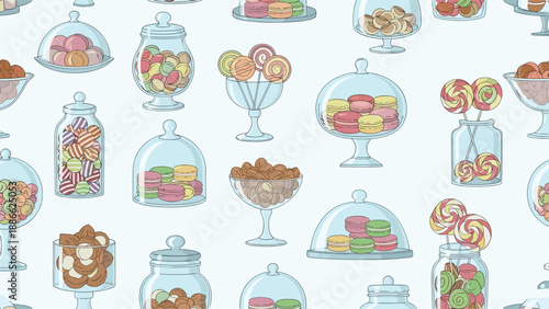 Seamless pattern with various colorful candies, macarons, and chocolates displayed in elegant glass jars and domes on a pale blue background.