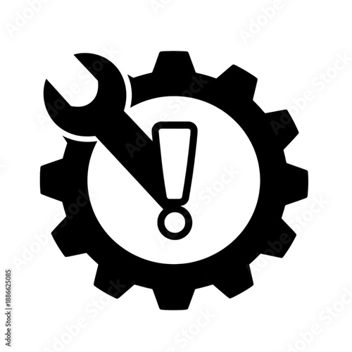Wrench and exclamation mark inside gear vector icon.