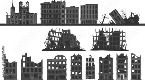 Destroyed buildings silhouette, urban ruins, war damage, disaster aftermath, collapsed structures, broken trees, city destruction, debris scene, apocalyptic skyline, ruined architecture