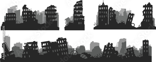 Ruined cityscape silhouette, urban destruction, collapsed buildings, disaster scene, war damage, broken skyline, debris illustration, apocalyptic architecture, damaged structures, catastrophe impact