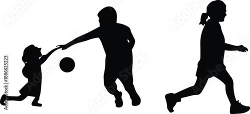 Children,playing,silhouettes,kids,game,family,fun,outdoor,activity,black,figures,parent,child,ball,lifestyle,vector,isolated,white,background