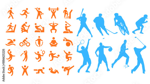 Silhouette icon set of various sports and fitness activities, ideal for health apps, infographics, and athletic branding.