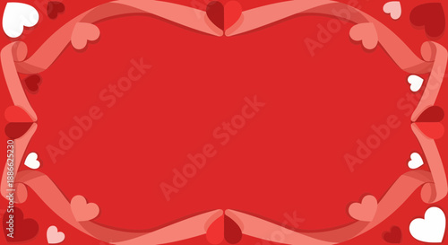 Red Valentine Background with Curled Ribbons and Paper Hearts Decoration, Romantic Concept with Copy Space, Paper Cut Style