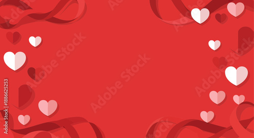 Red Valentine Background with Paper Hearts and Swirling Ribbons Frame, Romantic Love Concept with Copy Space, 3D Paper Cut Style Illustration