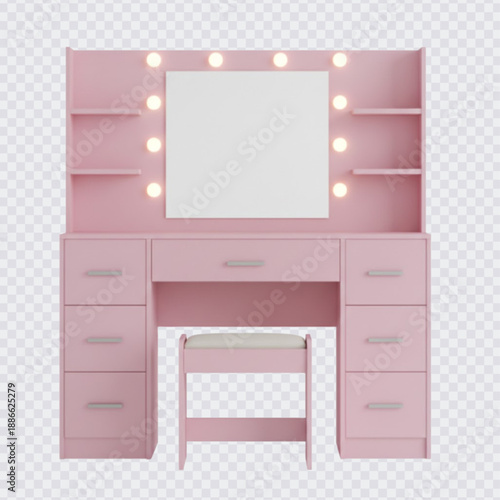 A pink makeup vanity desk or dresser with a large lighted mirror, multiple shelves, six storage drawers, and a matching stool, set against a transparent background.