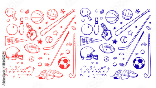Illustration set featuring various sports equipment, balls, and dynamic elements for athletic and fitness-themed designs.