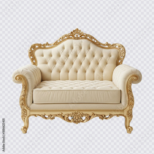 A luxurious Baroque-style two-seater sofa or loveseat with a cream or off-white tufted cushion and an ornate, carved wooden frame finished in antique gold.