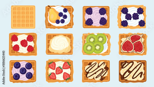 Grid of twelve square waffles with different sweet toppings including fruits, berries, whipped cream, and chocolate sauce for menu design.