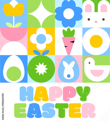 Happy Easter Celebration Card with Cute Bunny and Eggs