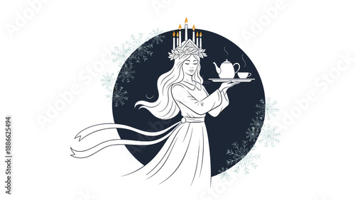 Artistic illustration of Saint Lucia wearing a candle crown and holding a tray with a teapot and cup in a winter snowflake circle.