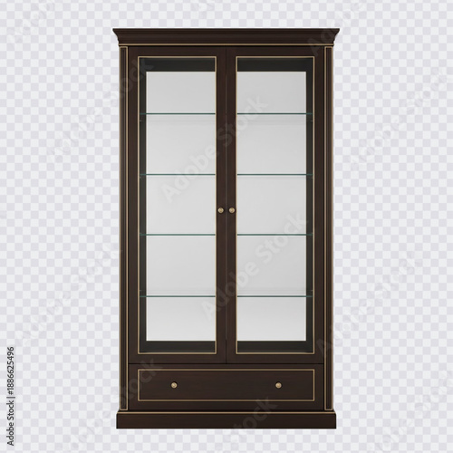 A dark brown or black wooden display cabinet featuring two glass doors, internal glass shelves, two bottom storage drawers, and elegant gold-tone trim and hardware.