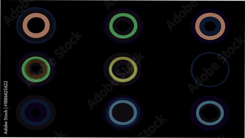An arrangement of colorful concentric circles on a dark background
