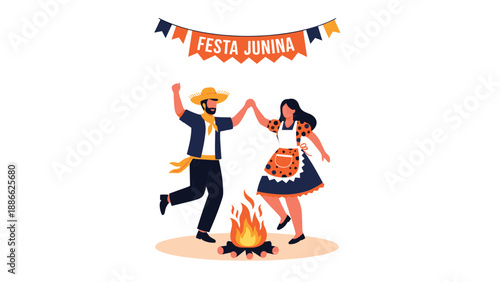 Couple dancing in traditional costumes around a bonfire for the Brazilian Festa Junina celebration with colorful bunting decorations.