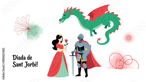 Traditional Diada de Sant Jordi celebration with a knight, a princess holding a rose, and a green dragon for the Catalan holiday.