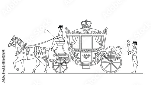 Detailed line art of an ornate royal horse drawn carriage with a driver and an attendant holding a torch for historical ceremony.