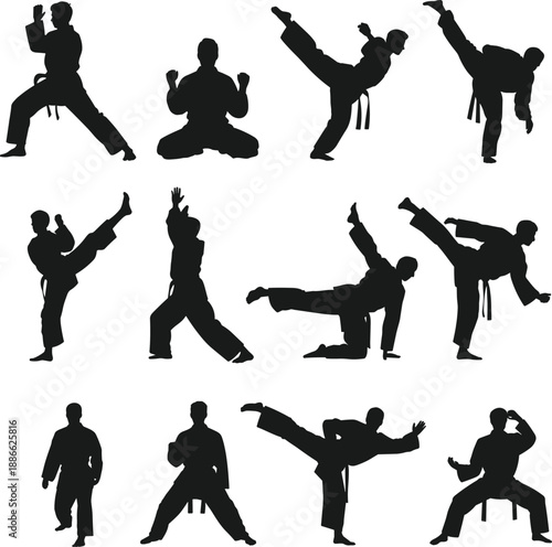 Karate,martial,arts,silhouettes,action,poses,training,black,figures,fighter,man,woman,kick,combat,vector,collection,isolated,white,background,design