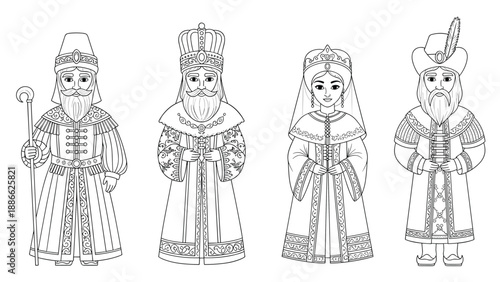 Line art of four historical Russian figures including tsars and noblemen in traditional royal costumes for coloring or education.