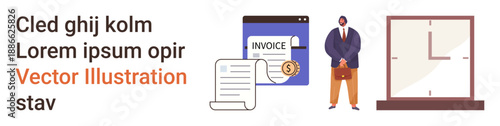 Time management, financial organization, payment systems, business planning, accounting, corporate workflow. A businessman, invoice document clock with clean design elements. Time management