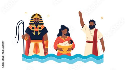 Biblical illustration depicting the discovery of baby Moses in a basket on the Nile river by an Egyptian pharaoh and others.