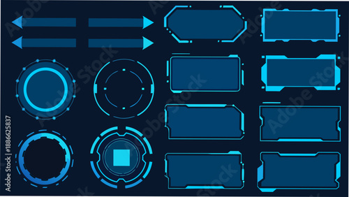 Futuristic user interface elements arrows frames and circular components in blue